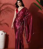Maroon embroidered satin floral digital printed saree