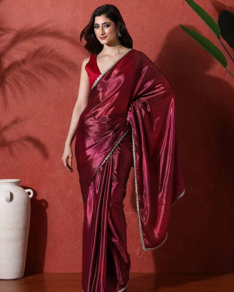 Maroon embroidered satin floral digital printed saree