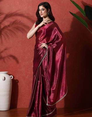 Maroon embroidered satin floral digital printed saree 2