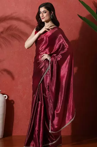 Maroon embroidered satin floral digital printed saree