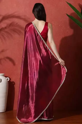 Maroon embroidered satin floral digital printed saree