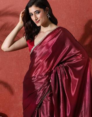 Maroon embroidered satin floral digital printed saree 4