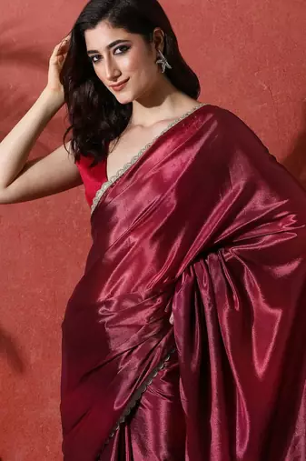 Maroon embroidered satin floral digital printed saree