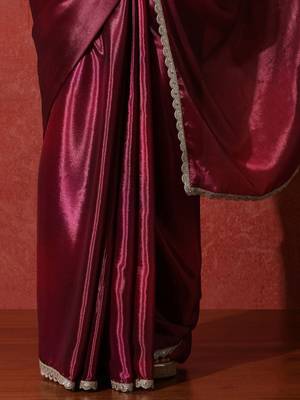Maroon embroidered satin floral digital printed saree 5