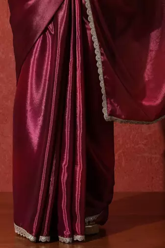 Maroon embroidered satin floral digital printed saree