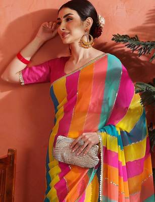 Pink striped embellished  georgette saree with unstitched  blouse 1
