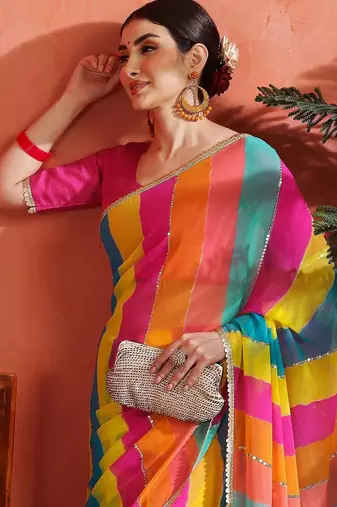 Pink striped embellished  georgette saree with unstitched  blouse