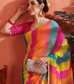Pink striped embellished  georgette saree with unstitched  blouse