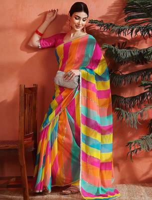 Pink striped embellished  georgette saree with unstitched  blouse 2