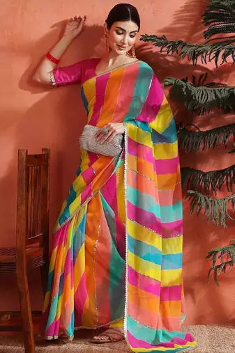 Pink striped embellished  georgette saree with unstitched  blouse