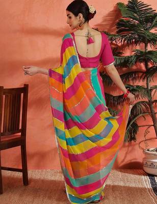 Pink striped embellished  georgette saree with unstitched  blouse 3