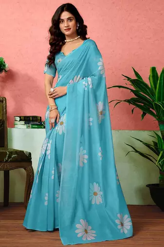 Blue floral printed ready to wear saree with unstitched blouse