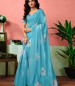 Blue floral printed ready to wear saree with unstitched blouse