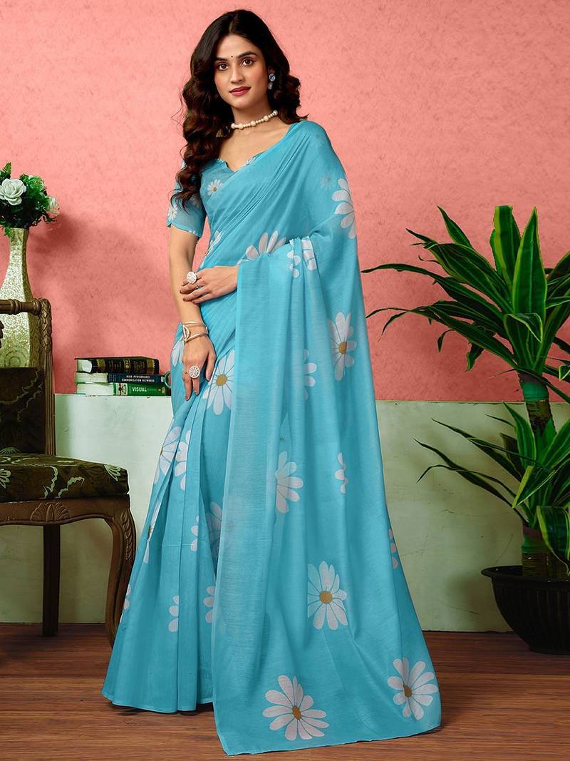 Blue floral printed ready to wear saree with unstitched blouse