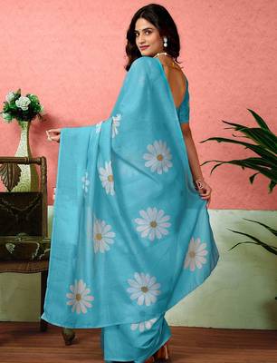Blue floral printed ready to wear saree with unstitched blouse 3