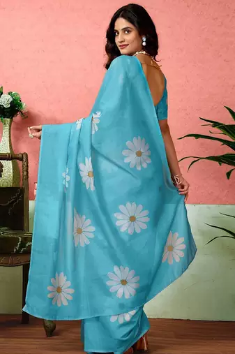 Blue floral printed ready to wear saree with unstitched blouse