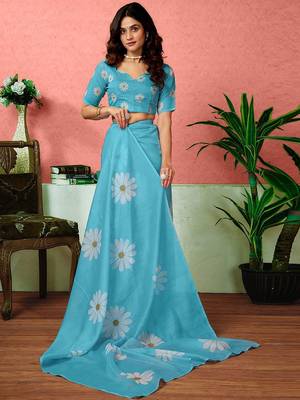 Blue floral printed ready to wear saree with unstitched blouse 4