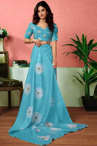 Blue floral printed ready to wear saree with unstitched blouse