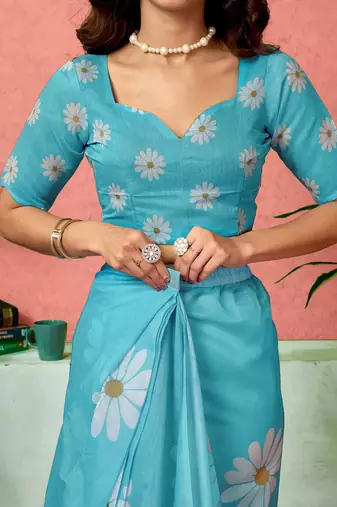 Blue floral printed ready to wear saree with unstitched blouse