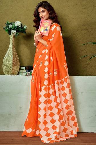 Orange ethnic motifs printed ready to wear saree with unstitched blouse