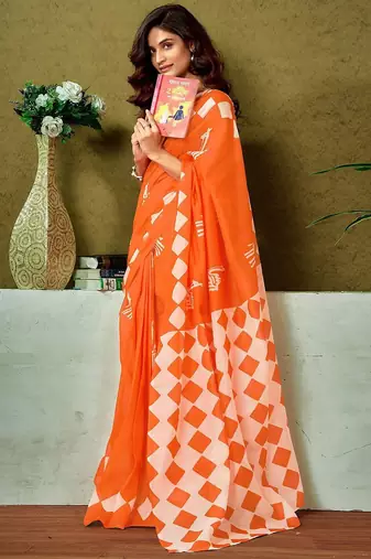 Orange ethnic motifs printed ready to wear saree with unstitched blouse