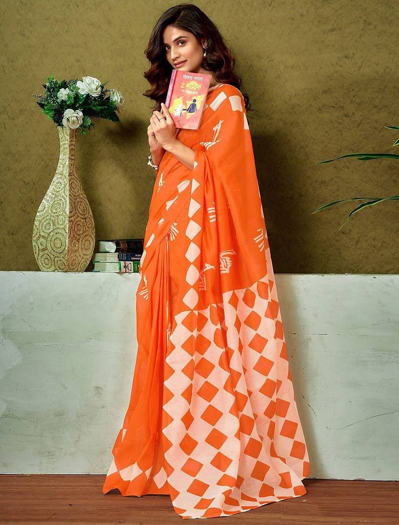 Orange ethnic motifs printed ready to wear saree with unstitched blouse
