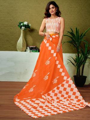 Orange ethnic motifs printed ready to wear saree with unstitched blouse 4
