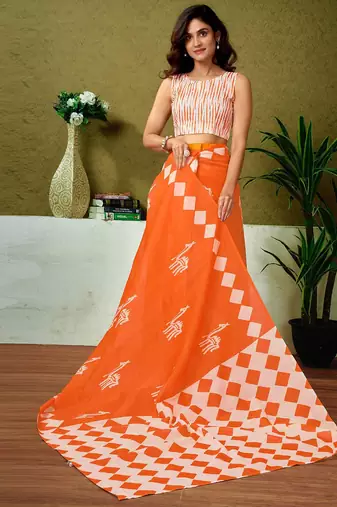 Orange ethnic motifs printed ready to wear saree with unstitched blouse