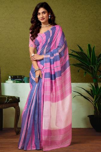 Pink striped printed ready to wear saree with unstitched blouse