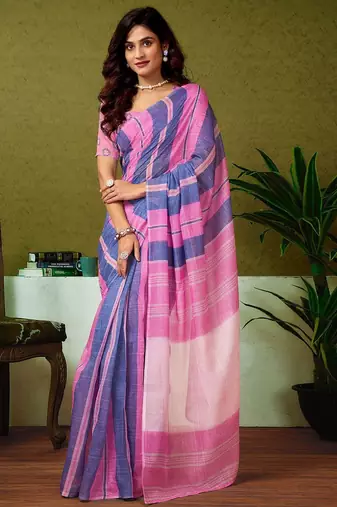 Pink striped printed ready to wear saree with unstitched blouse