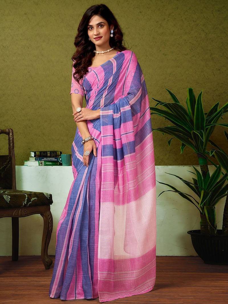 Pink striped printed ready to wear saree with unstitched blouse