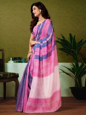 Pink striped printed ready to wear saree with unstitched blouse 2