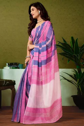 Pink striped printed ready to wear saree with unstitched blouse