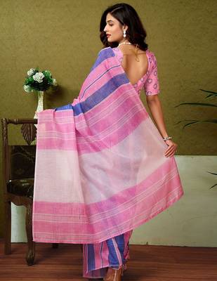 Pink striped printed ready to wear saree with unstitched blouse 3