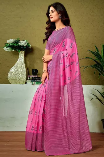 Pink striped printed ready to wear saree with unstitched blouse