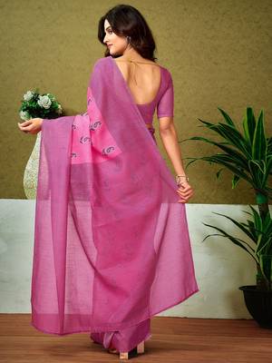 Pink striped printed ready to wear saree with unstitched blouse 3