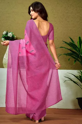 Pink striped printed ready to wear saree with unstitched blouse