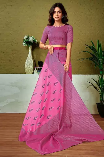 Pink striped printed ready to wear saree with unstitched blouse