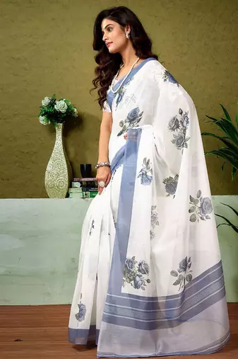 White floral printed ready to wear saree with unstitched blouse