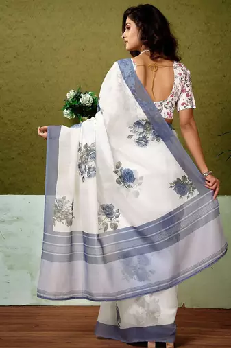 White floral printed ready to wear saree with unstitched blouse