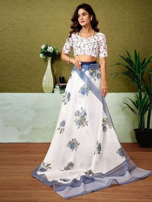 White floral printed ready to wear saree with unstitched blouse 4
