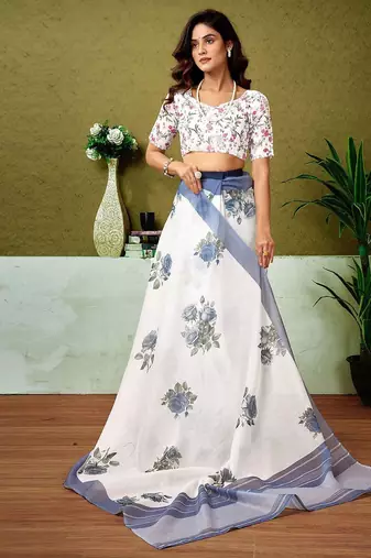 White floral printed ready to wear saree with unstitched blouse