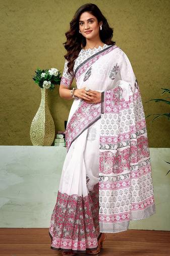 White floral printed ready to wear saree with unstitched blouse