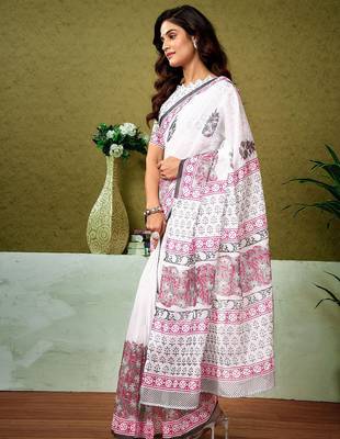 White floral printed ready to wear saree with unstitched blouse 2