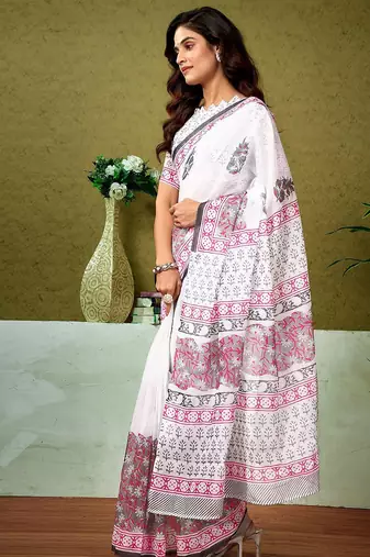 White floral printed ready to wear saree with unstitched blouse