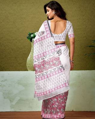 White floral printed ready to wear saree with unstitched blouse 3