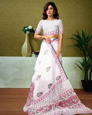 White floral printed ready to wear saree with unstitched blouse 4