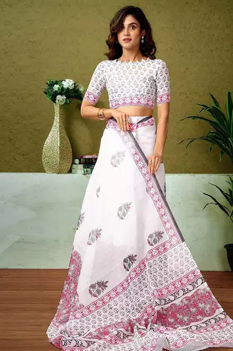 White floral printed ready to wear saree with unstitched blouse