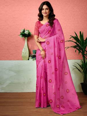 Pink floral printed ready to wear saree with unstitched blouse 1
