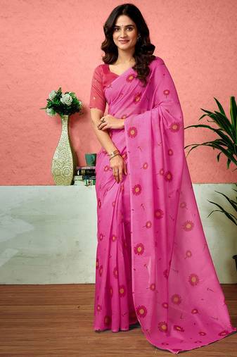 Pink floral printed ready to wear saree with unstitched blouse